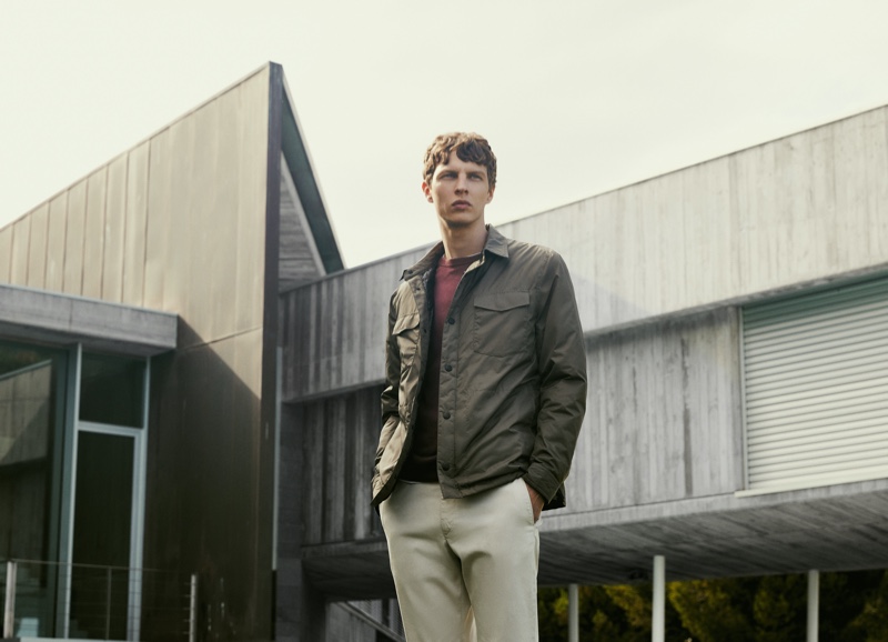 Front and center, Tim Schuhmacher models the latest menswear from Massimo Dutti.