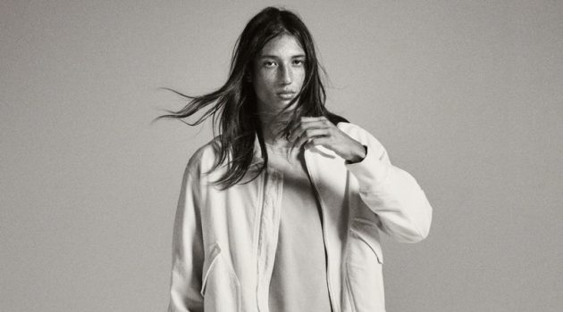 Trystin Valentino is Chic in Casual Neutrals for Zara Front and center, Trystin Valentino wears a Zara cotton jacket with chino pants.