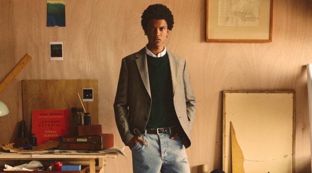Ruben Boa Dons Smart New Zara Arrivals Showcasing timeless prep style, Ruben Boa models a plaid suit jacket with a sweater, shirt, and relaxed-fit jeans.
