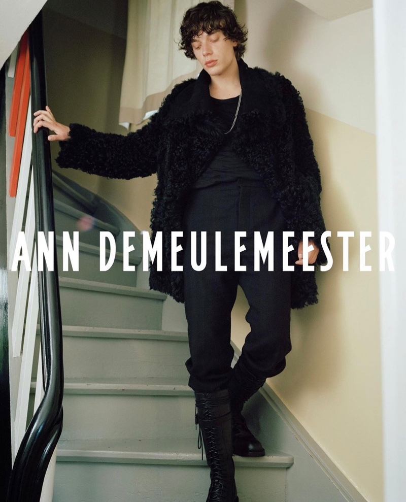 Heading out, Nick fronts Ann Demeulemeester's fall-winter 2021 campaign.