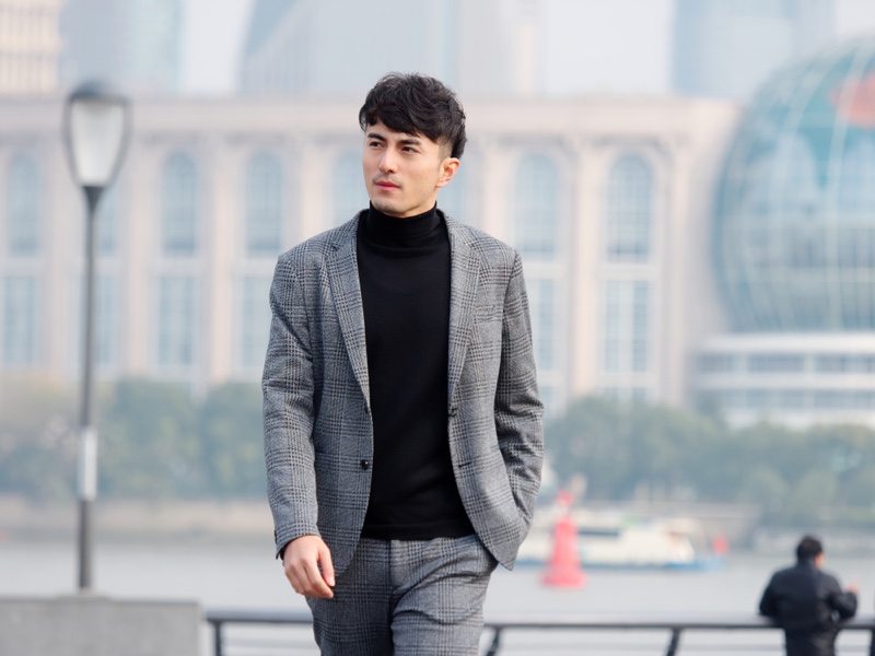 Asian Man Suit Grey Black Sweater