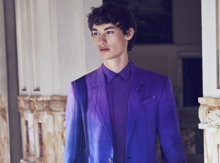 Dylan Li Lagain wears a stunning purple suit with a silk shirt for Berluti's fall-winter 2021 campaign.
