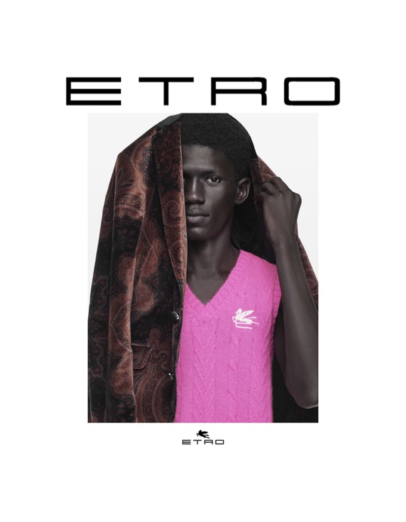 Moustapha Sy appears in Etro's fall-winter 2021 campaign.