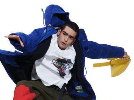 Elite star Omar Ayuso showcases clothing from the fall-winter 2021 Eye/Loewe/Nature collection.