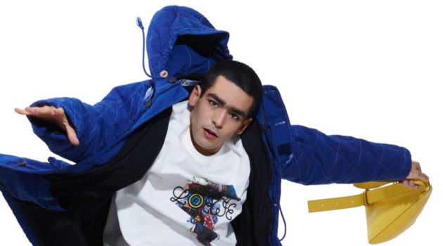 Omar Ayuso & Stephane Bak Front Eye Loewe Nature Campaign Elite star Omar Ayuso showcases clothing from the fall-winter 2021 Eye/Loewe/Nature collection.