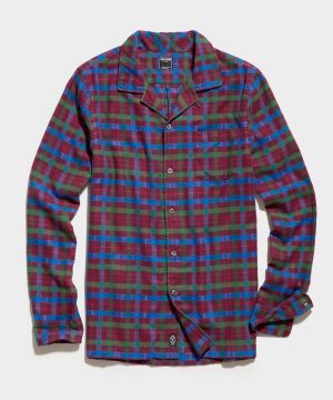 Flannel Camp Collar Shirt in Purple Blue Plaid Flannel Camp Collar Shirt in Purple Blue Plaid