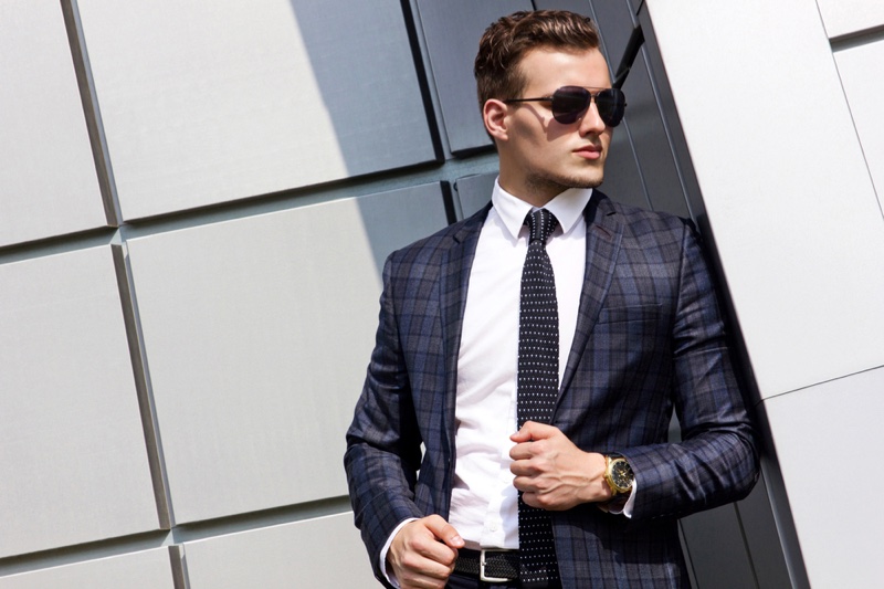 Male Model Blue Plaid Suit Jacket Tie Gold Watch Sunglasses