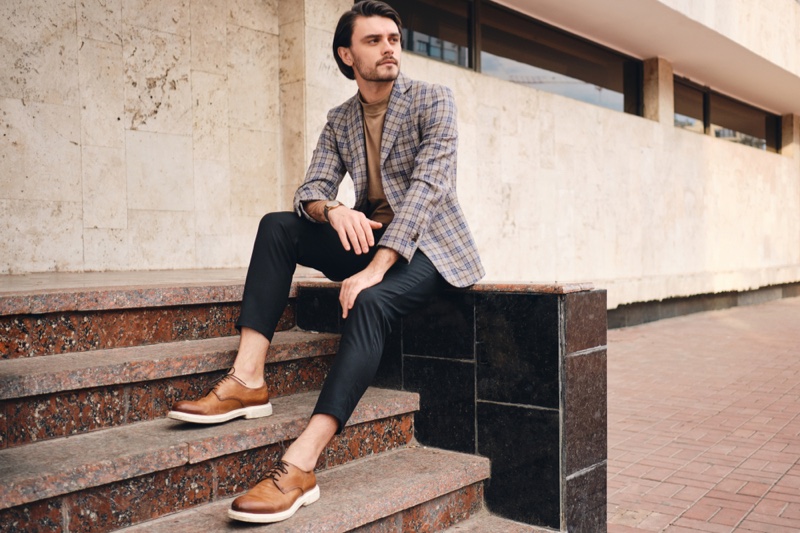Male Model Checked Blazer Brown Dress Shoes Male Model Checked Blazer Brown Dress Shoes