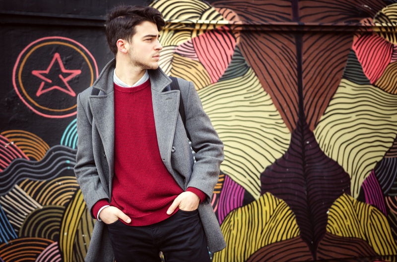 Male Model Red Sweater Grey Coat Colorful Backdrop