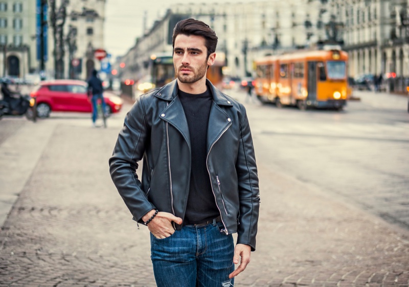 Man Leather Jacket Black Shirt Look