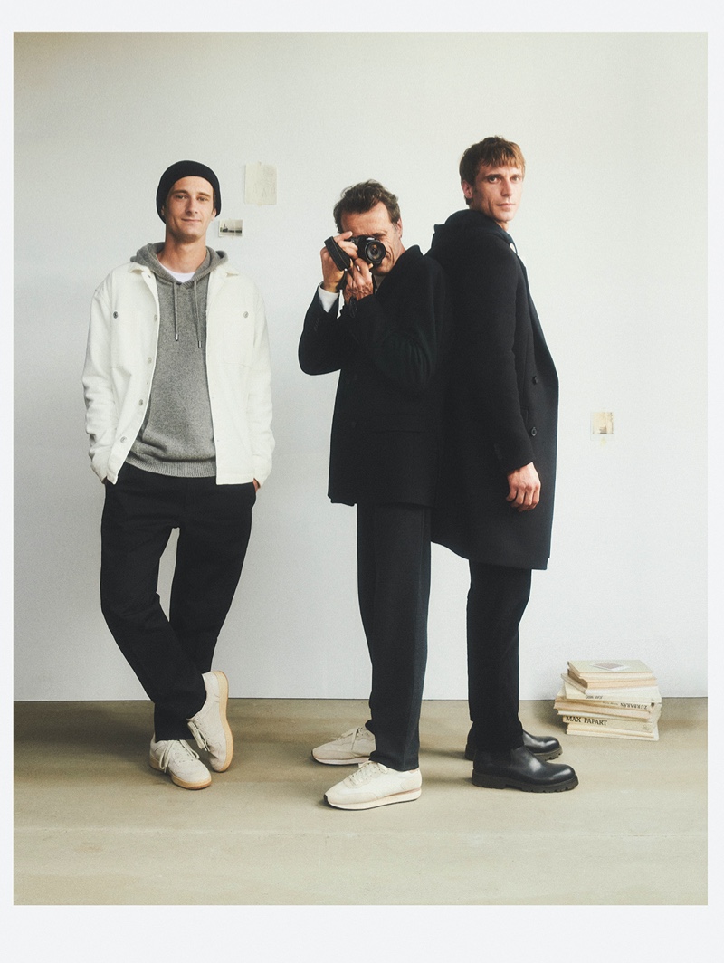 Clèment Chabernaud poses with his brother and father for Mango's "This is Family" campaign.