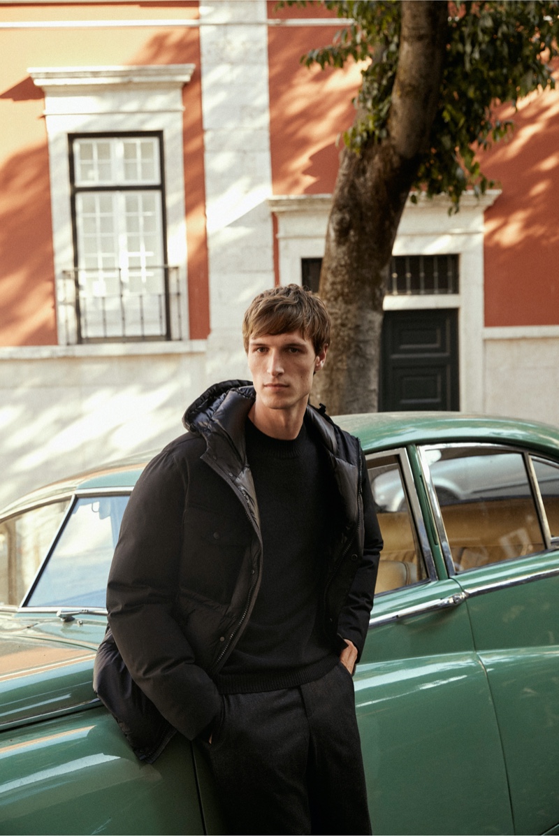 Photographed outside, Egon Van Praet wears the latest menswear from Massimo Dutti.