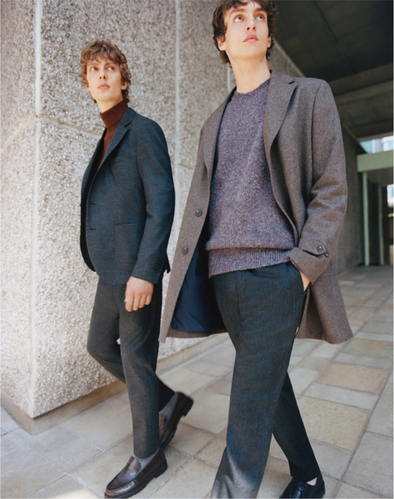 On a the move, Leon Dame and Lucas El Bali wear tailoring from Massimo Dutti's fall-winter 2021 Limited Edition collection.