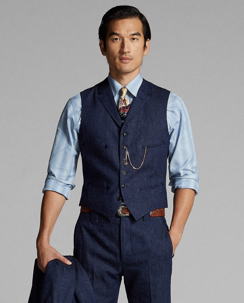 Tony Chung wears a notch-lapel denim vest with matching pants from Ralph Lauren Double RL.