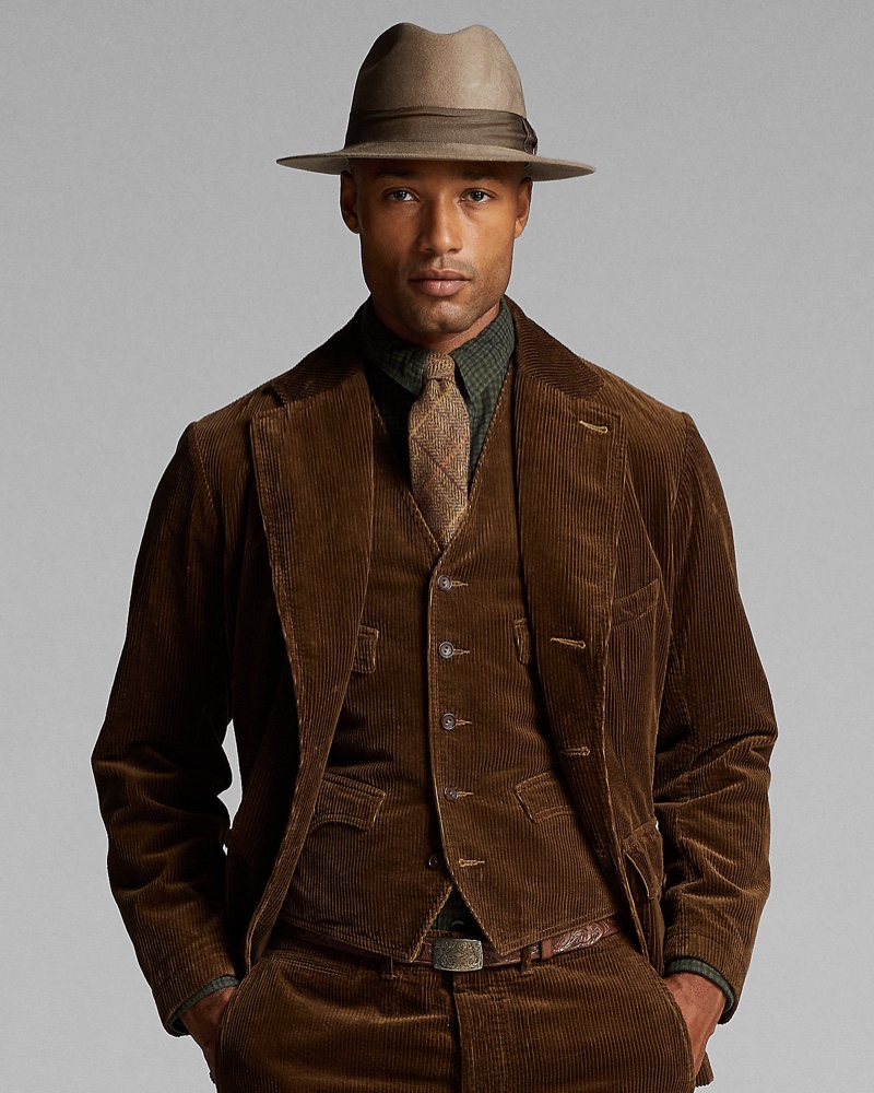 Michael Ayeboua models a Ralph Lauren Double RL corduroy sport coat, vest, and pants.