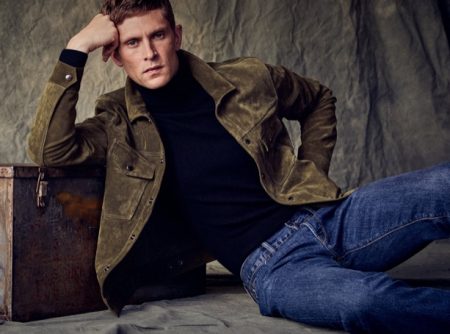 A chic vision, Mathias Lauridsen models Todd Snyder's suede Dylan jacket with a pair of blue jeans.