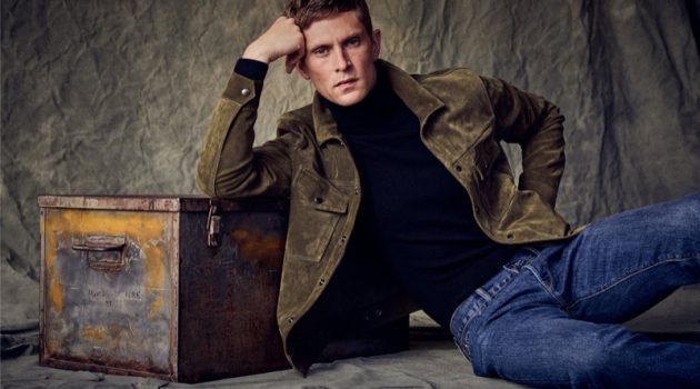 A chic vision, Mathias Lauridsen models Todd Snyder's suede Dylan jacket with a pair of blue jeans.