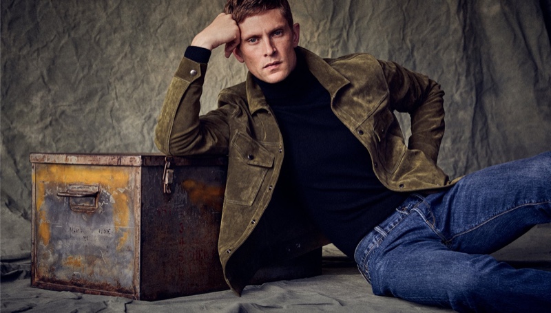 A chic vision, Mathias Lauridsen models Todd Snyder's suede Dylan jacket with a pair of blue jeans. » Mathias Lauridsen Dons Todd Snyder 10 Years Capsule Collection A chic vision, Mathias Lauridsen models Todd Snyder's suede Dylan jacket with a pair of blue jeans.