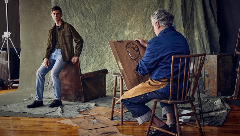 Sitting for a drawing, Mathias Lauridsen models Todd Snyder's popular military overshirt.