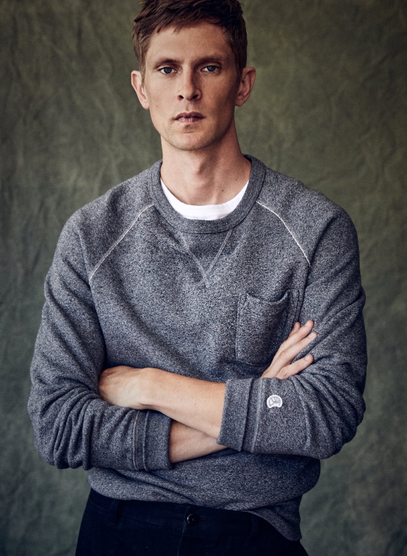 Showcasing Todd Snyder's sporty side, Mathias Lauridsen wears the designer's pocket sweatshirt from his ongoing Champion collaboration.