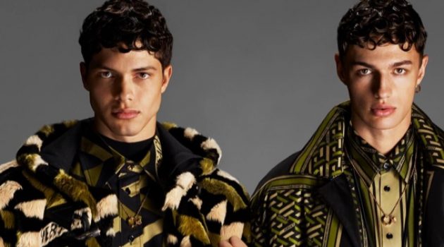 Nacho Penín and Ondrej Mokoš come together as the stars of Versace's fall 2021 men's campaign.