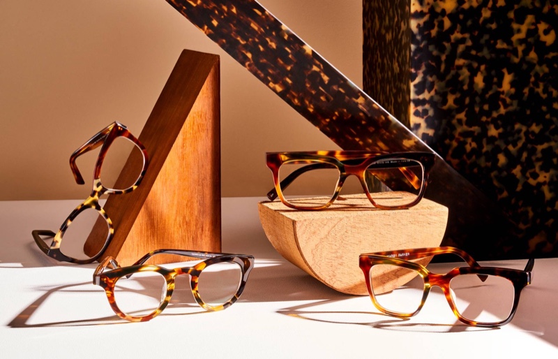 Pictured left to right: Warby Parker eyewear; Tatum in Tortoise Collage III, Gaines in Tortoise Collage II, Winston (in wide) in Tortoise Collage I, and Winston (in medium) in Tortoise Collage I.