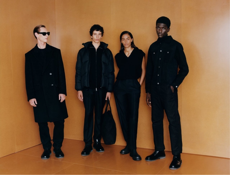 Models Rogier Bosschaart, Takfarines Bengana, Sacha Quenby, and Moustapha Sy model black looks from Zara's fall 2021 Origins collection.