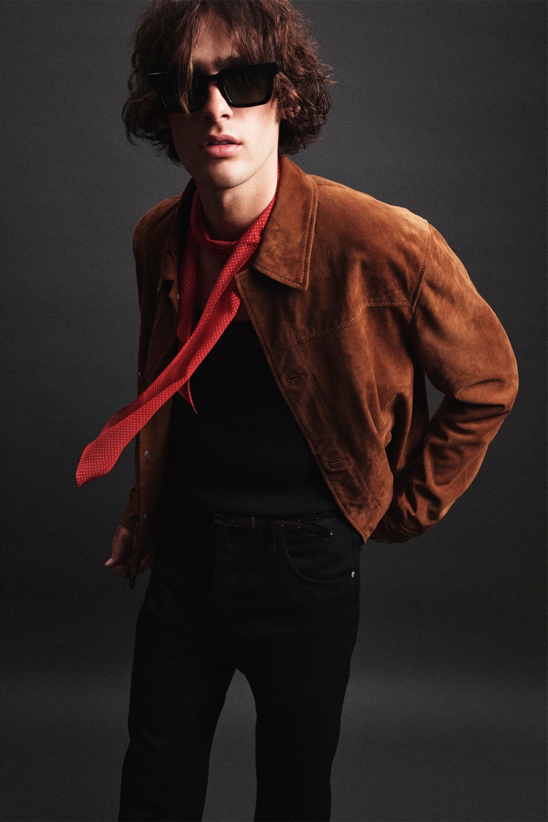 Model Marijn Aper steals the scene in a suede jacket from Zara Man's Rock collection.