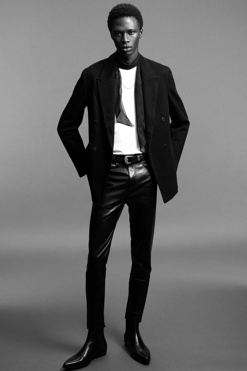 Cherif wears faux leather pants with a double-breasted blazer and t-shirt from Zara Man's Rock collection.