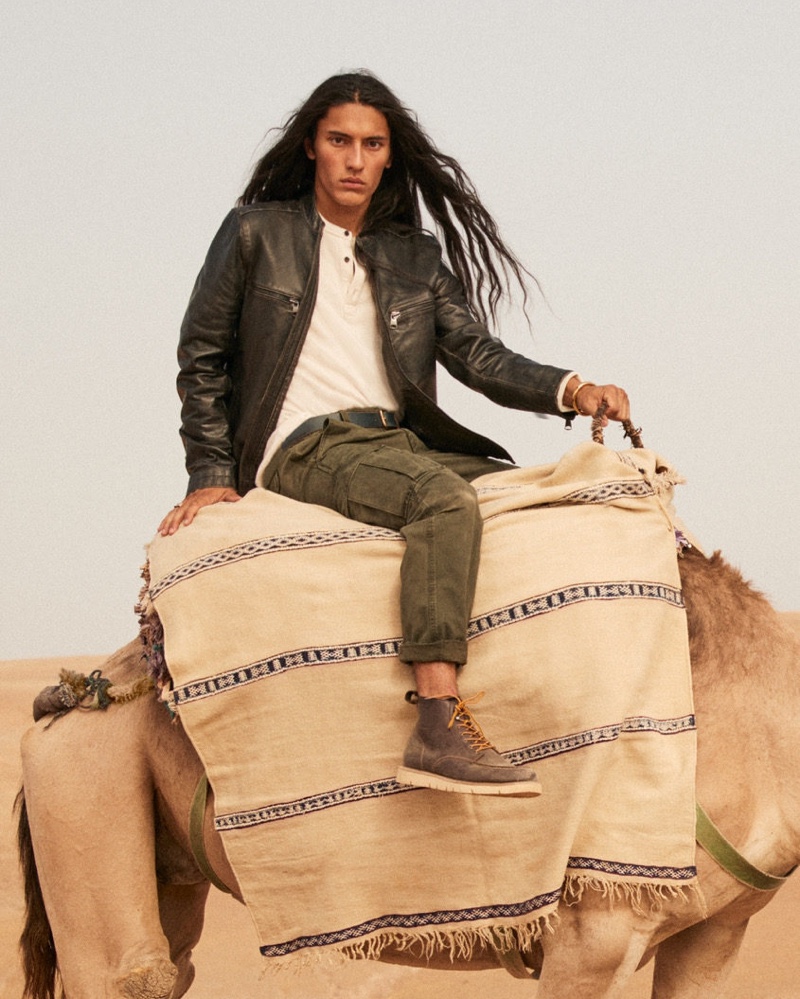 Riding a camel, Cherokee Jack appears in Banana Republic's fall 2021 campaign.