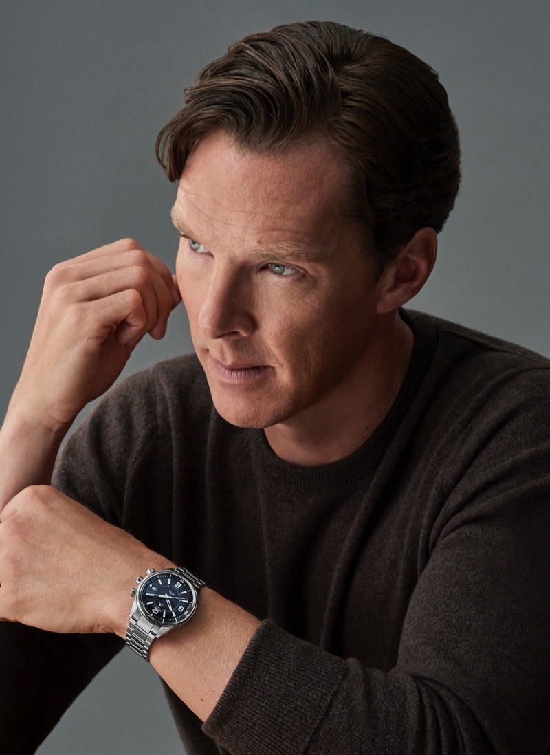 Ready for his close-up, Benedict Cumberbatch wears Jaeger-LeCoultre's Polaris Mariner Memovox watch.