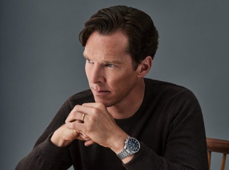 Actor Benedict Cumberbatch poses wearing Jaeger-LeCoultre's Polaris Mariner Memovox watch.