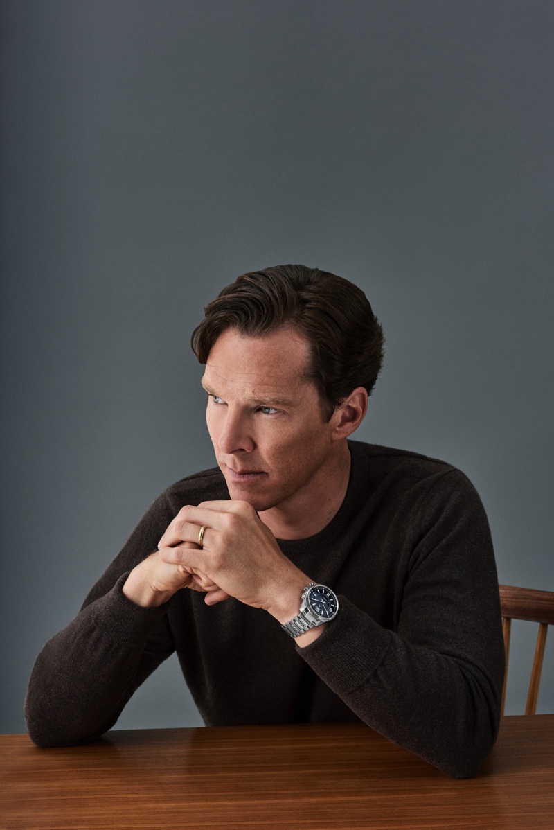 Actor Benedict Cumberbatch poses wearing Jaeger-LeCoultre's Polaris Mariner Memovox watch.