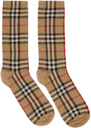 Burberry Beige Intarsia Check High Socks Burberry Beige Intarsia Check High Socks