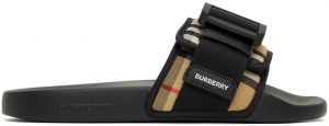 Burberry Beige & Black Buckled Strap Slides Burberry Beige & Black Buckled Strap Slides