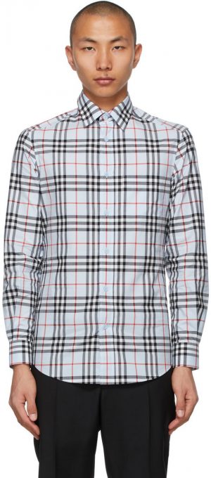 Burberry Blue Poplin Check Logo Appliqué Shirt Burberry Blue Poplin Check Logo Appliqué Shirt