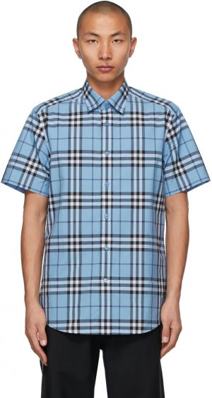 Burberry Blue Poplin Check Short Sleeve Shirt Burberry Blue Poplin Check Short Sleeve Shirt