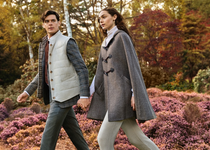 Out for a stroll, models Lewis Jamison and Sophia Roberts star in Daks' fall-winter 2021 campaign.