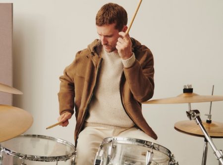 Playing the drums, George Barnett stars in Massimo Dutti's latest men's feature.