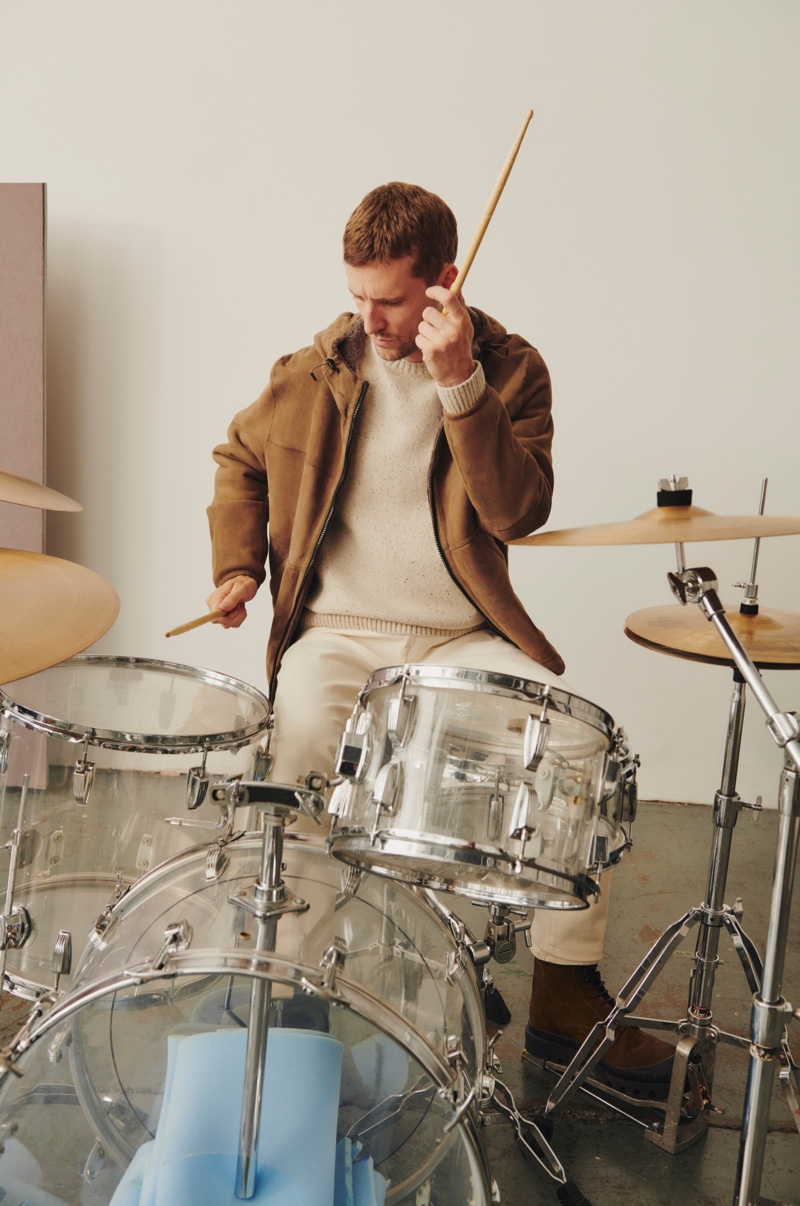 Playing the drums, George Barnett stars in Massimo Dutti's latest men's feature.
