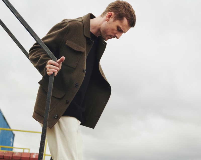 Stepping out, George Barnett wears a fall look from Massimo Dutti.