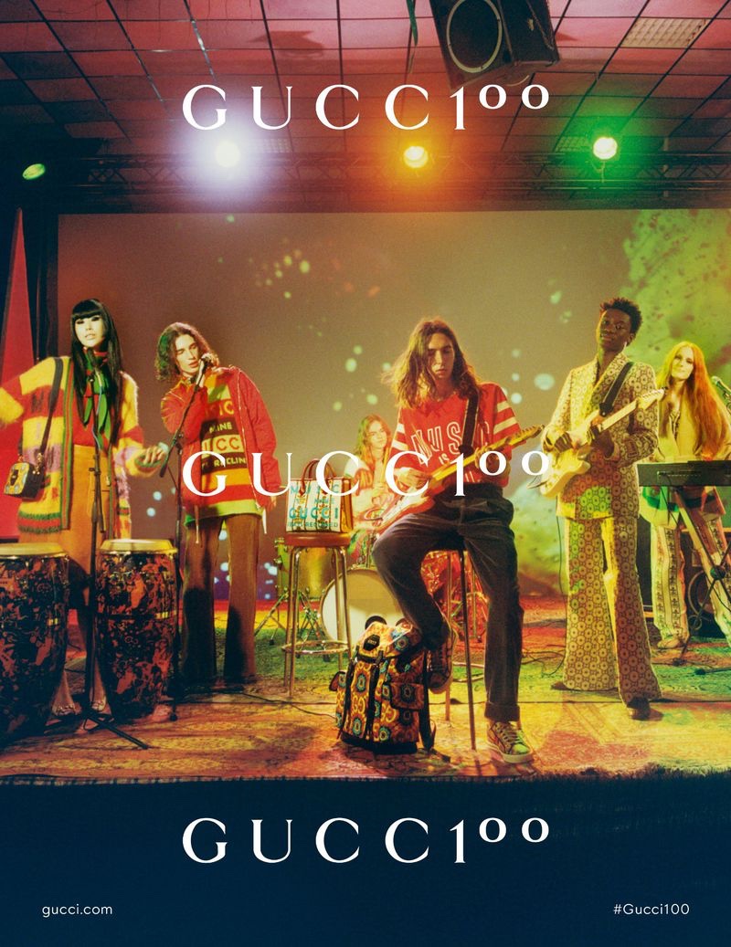 J Moon, Pleun Keijsers, Kevin Demaj, Ibrahima Diaw, and Panni Eberhardt tap into a psychedelic energy for the Gucci 100 campaign.