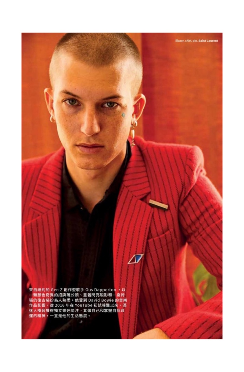 Making a statement in red, Gus Dapperton dons a pinstripe blazer and more from Saint Laurent for Vogue Man Hong Kong.