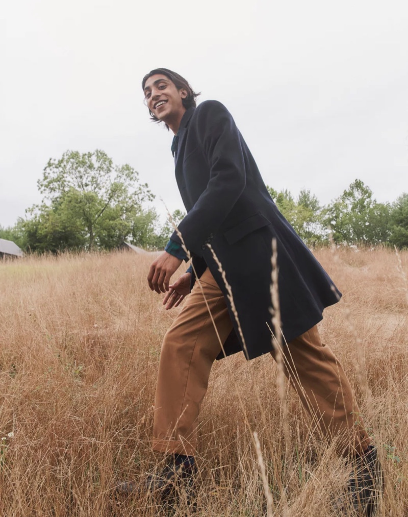 Adarsh Jaikarran wears J.Crew's Ludlow topcoat with Wallace & Barnes selvedge officer chinos.