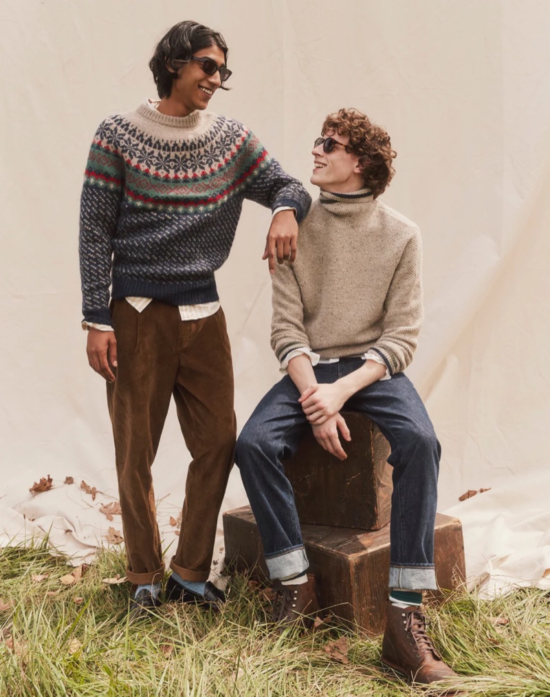 Pictured left to right: Adarsh Jaikarran models a J.Crew Nordic fair isle sweater with pleated corduroy pants, while Brayden Lipford wears a merino wool turtleneck sweater with classic straight-fit jeans.