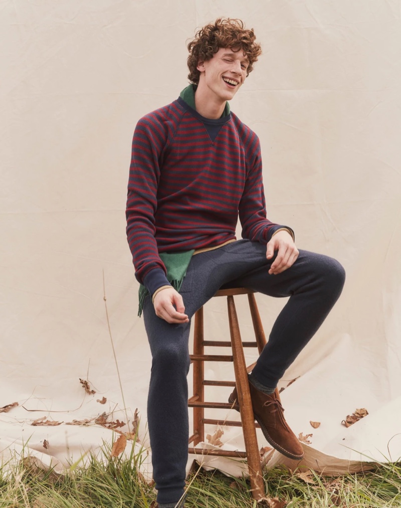 In front and center, Brayden Lipford wears a J.Crew mixed waffle striped crewneck with Wallace & Barnes boiled merino wool joggers.