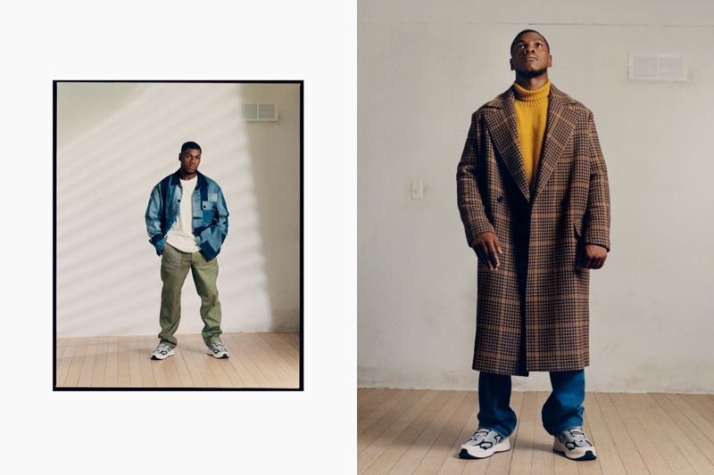 In front and center, John Boyega tries his hand at modeling, showcasing must-have styles from his H&M collection.