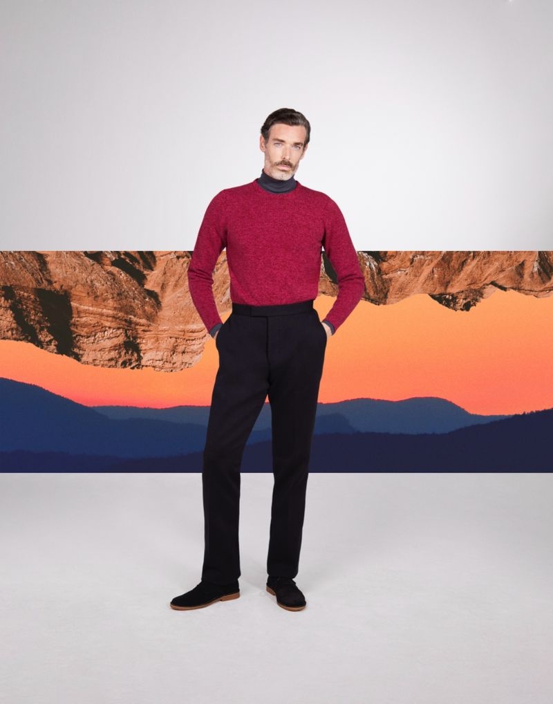 Inspiring in fall layers, Richard Biedul models a turtleneck with a crewneck sweater by John Smedley.