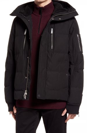 Karl Lagerfeld Paris Mid Length Down & Feather Jacket with Faux Shearling Lining, Size Medium in Black at Nordstrom Karl Lagerfeld Paris Mid Length Down & Feather Jacket with Faux Shearling Lining, Size Medium in Black at Nordstrom