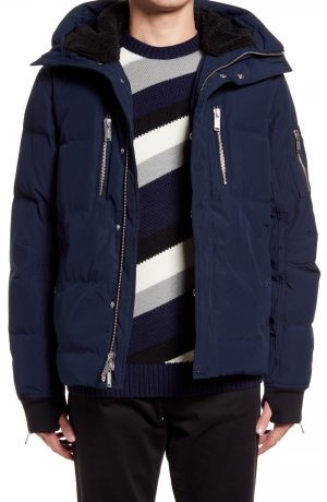 Karl Lagerfeld Paris Mid Length Down & Feather Jacket with Faux Shearling Lining, Size Small in Navy at Nordstrom Karl Lagerfeld Paris Mid Length Down & Feather Jacket with Faux Shearling Lining, Size Small in Navy at Nordstrom